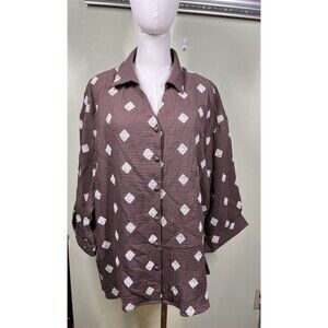 Cynthia Rowley Womens Sz 2X Brown Embroidered Diamond 3/4 Sleeve Cotton Blouse